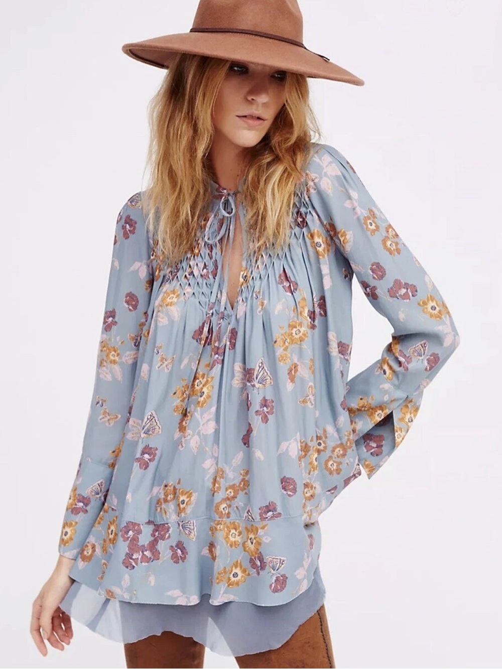 Free People Pebble Crepe Boho Floral Smocked Tunic Top Size Small